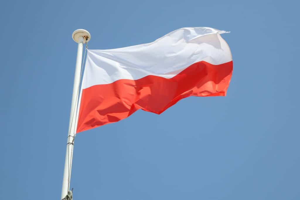 bandiera della polonia su una stuoia nel vento e nel cielo blu