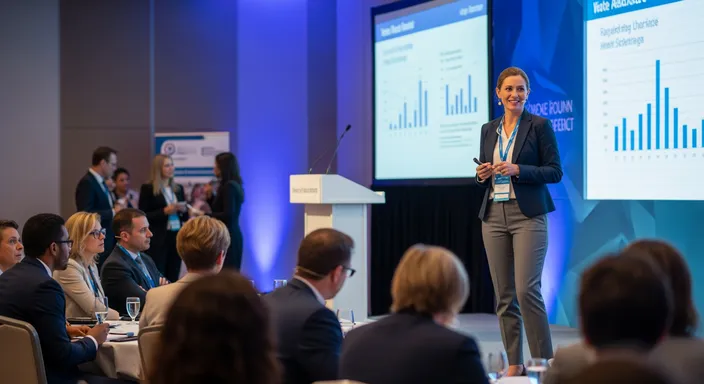 photo of a business conference with a speaker at the front of the room and an audience of professionals seated, listening and taking notes in a modern conference hall.
