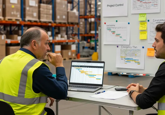 a temporary project control station in a warehouse: a folding table with a laptop showing a Gantt chart and live shipment tracking, printed timelines and route maps pinned on a portable whiteboard, sticky notes labeled “Setup”, “Go-Live”, “Emergency Plan”, and a project manager in a high-visibility vest discussing plans with a colleague while pointing at the map
