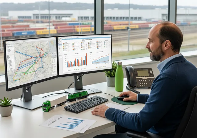 realistic landscape photo of a logistics planner at a desk in an office overlooking a rail yard and warehouse: on the dual monitors are maps showing freight routes and graphs comparing CO₂ emissions for truck, rail, and sea options. On the desk is a small model truck and train side-by-side, and a printed sheet titled “Low-Carbon Scenario.” Soft daylight, subtle green accents (like a reusable water bottle or plant), professional but natural corporate photography.