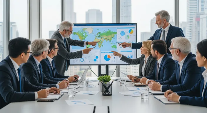 photo of a business training session in a bright meeting room, a trainer standing near a screen or whiteboard, and participants sitting at tables with laptops, listening and taking notes.