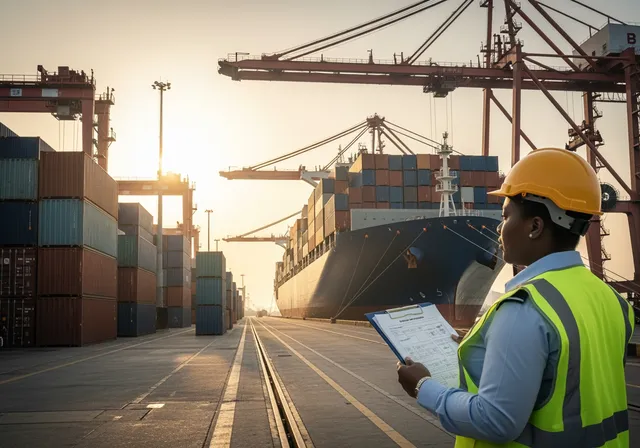 a busy international seaport at sunrise: colorful shipping containers stacked high, a large cargo ship docked, cranes loading containers, and in the foreground a customs officer in reflective vest and hard hat holding a clipboard with stamped documents