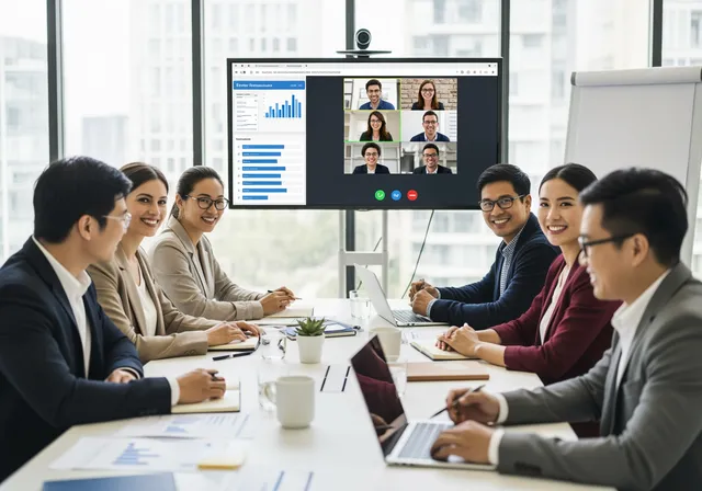 ealistic landscape photo of a hybrid international meeting: in a conference room, a small group of diverse team members (different ethnicities and dress styles) sit around a table, while a large screen on the wall displays a video call grid with colleagues from different regions (Europe, Americas, Middle East, Asia-Pacific). On the wall or screen a shared dashboard shows common KPIs. Notebooks and laptops open, people engaged and smiling slightly, modern office, natural daylight, authentic cross-cultural collaboration shot.