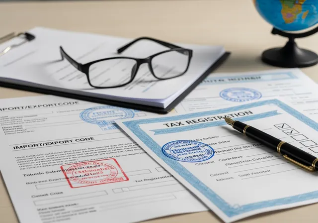 close-up photo of a compliance desk: neatly arranged legal documents, import/export code printouts, tax registration forms and certificates with official stamps and seals, a pair of reading glasses resting on top, a fountain pen beside a completed checklist, and a small globe slightly blurred in the background.