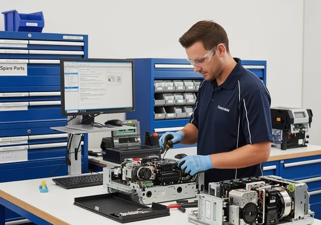 a technical service center: a technician in a branded polo shirt and safety glasses working at a clean workbench, open industrial or electronic equipment in front of them, drawers behind labeled “Spare Parts”, and a computer monitor showing a maintenance schedule and warranty status.
