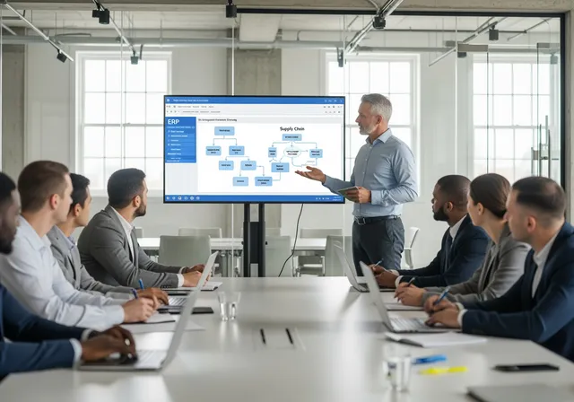 a corporate meeting room during training: a trainer standing beside a large digital screen displaying an ERP dashboard and a supply chain flowchart, several employees seated at the table with laptops open, taking notes and listening.