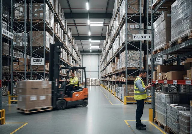 photo inside a modern warehouse: wide-angle view of tall shelving racks full of boxes, a forklift moving a pallet, and a warehouse supervisor in a safety vest scanning barcodes with a handheld device.