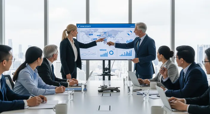 photo of a meeting in a boardroom, several executives sitting around a table, looking at a screen or paper chart while one person explains a plan.