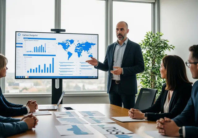 photo in a modern office meeting room: a sustainability manager presenting to colleagues using a large screen that shows a carbon footprint dashboard, bar charts, and a world map with supplier locations. On the table are printed sustainability reports and a document titled “CSRD” partially visible. Large windows with daylight, potted plants hinting at environmental focus, calm corporate atmosphere, candid professional photo.