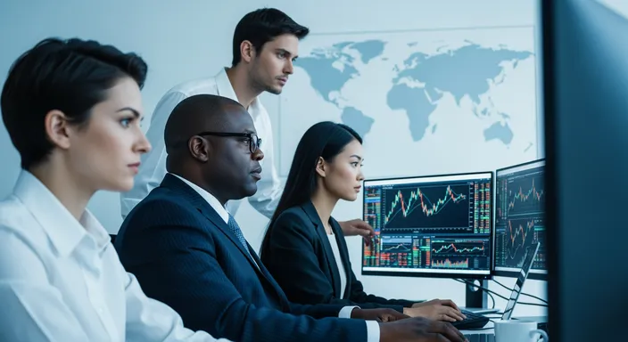 photo of two analysts sitting at a desk in an office, looking at a computer screen with charts and data, with printed reports and notes on the table.