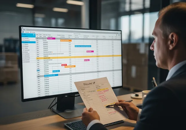 realistic landscape photo of a supply chain control desk: wide computer monitor displaying a timeline of orders, shipment statuses, and quality alerts, with colored markers for different stages. A manager in business attire sits in front of the screen, checking a printed follow-up sheet with highlighted dates and notes. In the background, through a glass wall, you can vaguely see a warehouse or operations area. Evening office lighting, subtle reflections on the glass, professional governance and oversight atmosphere.