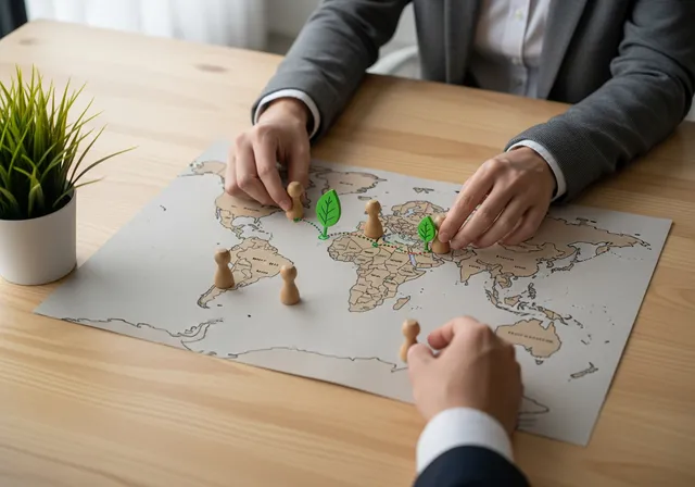 photo taken from above of a light wooden table in a bright office. On the table is a large world map printed on slightly textured recycled paper, with a few small wooden tokens or pins placed on different countries, and a green leaf-shaped token near one route to symbolize sustainability. Two hands in business-casual sleeves are gently placing or adjusting the tokens, suggesting planning and supplier selection, but no faces are visible. A small potted green plant sits in one corner of the frame