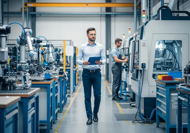 landscape photo inside a clean industrial workshop: a sourcing engineer in business-casual clothes and safety glasses walking alongside a row of modern CNC machines and robotic arms, holding a clipboard with a printed supplier evaluation checklist. In the background, another technician operates a machine, visible safety markings on the floor, bright factory lighting, sharp details, professional industrial photography.