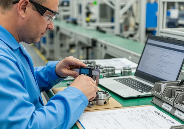 realistic landscape close-up photo of a quality inspector in a production area: person wearing a lab coat or clean factory jacket and safety glasses using a digital caliper to measure a metal component. On the workstation are labeled sample parts, a laptop displaying a quality control checklist, plus a form titled “Inspection Report.” Background slightly blurred production line, bright technical lighting, sharp focus on hands and tools, real-world QA environment.