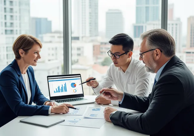 photo of a small group of business professionals in a modern office, standing around a table with a laptop and printed charts, discussing and pointing at the documents.