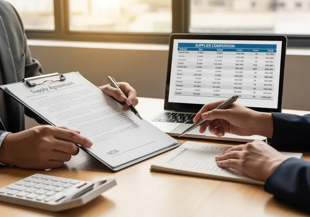 ealistic landscape photo of a close-up view of a negotiation table seen from slightly above: two pairs of hands facing each other across the table, one person holding a pen above