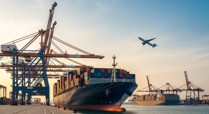 photo of a large cargo ship loaded with containers in a commercial port, with cranes and containers visible in the background on a clear day.
